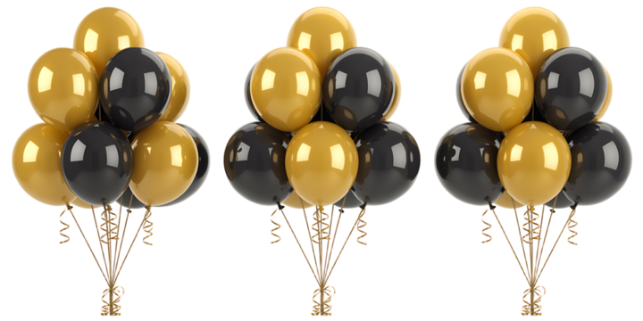 Set of three black and gold balloon bouquets on transparent background, png

