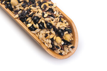 Mixed grains and beans in wooden spoon - healthy protein showcase on white background