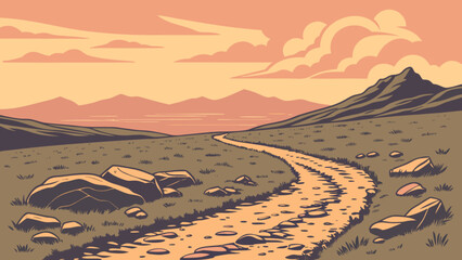 Dirt road through a mountain landscape illustration with sunset sky and scattered rocks and hills scenery view