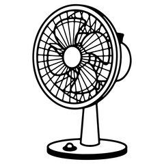 A simple line art drawing of an electric table fan. Illustration of a household appliance for cooling, summer heat, or air circulation. Isolated on white.