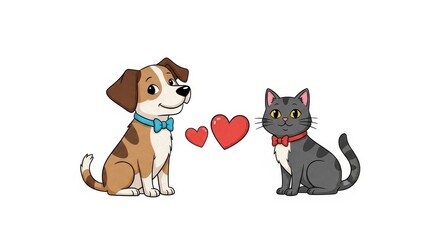 Cartoon dog and cat with hearts conveying friendship and affection