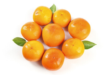 Fresh Crisp Persimmons from Shaanxi China on White Background with Green Leaves