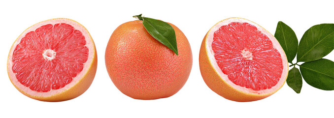 Three grapefruit halves,  bright pink flesh, and green leaves