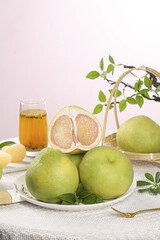 Fresh Fujian Pomelo Citrus Fruits with Tea - Sweet Juicy Asian Grapefruit Still Life
