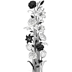 Obraz premium Vertical Floral Arrangement Black Background Line Art Illustration