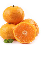 Fresh Small Seedless Oranges from Guangxi China Cut in Half Showing Juicy Fruit Segments on White Background