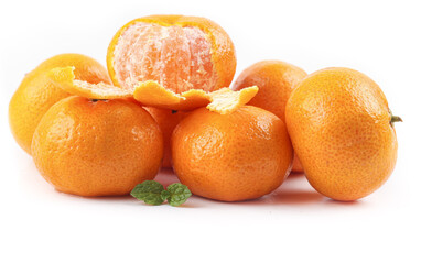 Fresh Guangxi Oranges and Tangerines on White Background with Mint Leaves