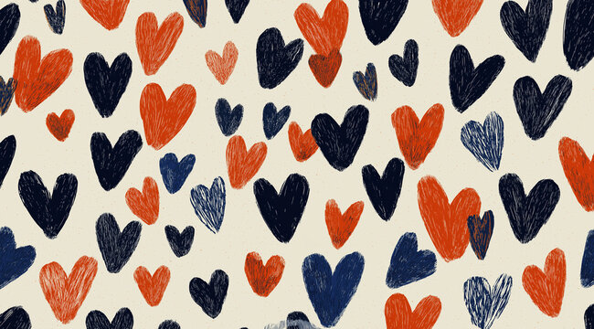a seamless pattern of hand-drawn hearts in various sizes and colors - Powered by Adobe