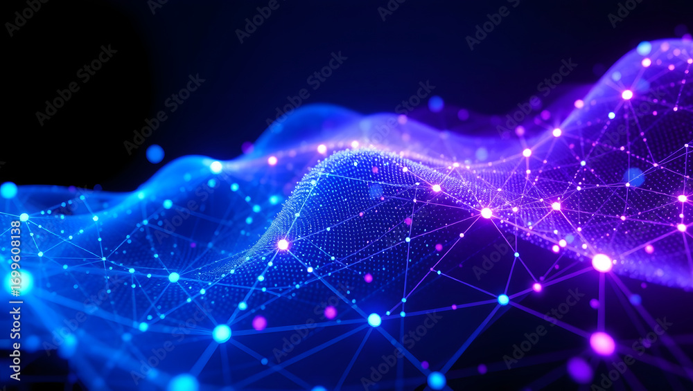 Wall mural Abstract digital network visualization featuring interconnected nodes, glowing lines, and a wave-like structure.