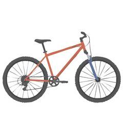 A side view of a red mountain bike with black tires and a blue front fork, set against a white background.