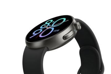 Close-up of a modern smartwatch with a black strap, isolated on a white background.

