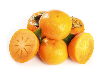 Fresh Fuping Persimmons from Shanxi China on White Background - Crisp Orange Fruit Cross-Section Display