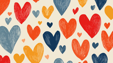 a seamless pattern of hand-drawn hearts in various sizes and colors