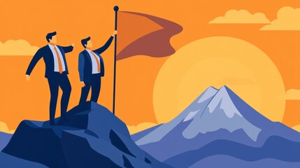Fototapeta premium Business teamwork success reaching the peak and raising the flag at sunset