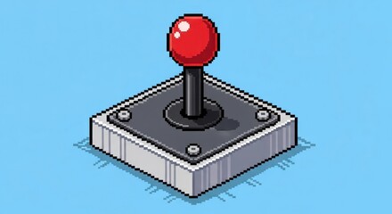 Isometric Pixel Art of a Classic Red Arcade Joystick on a Blue Background