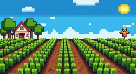 Idyllic Pixel Art Farmstead with Lush Green Crop Rows Under a Sunny Sky