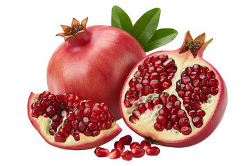 Pomegranate fruit whole, halved, and with seeds isolated on a white background png

