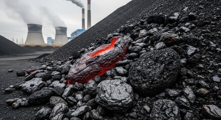 Obraz premium Industrial landscape featuring coal with a molten interior and power station