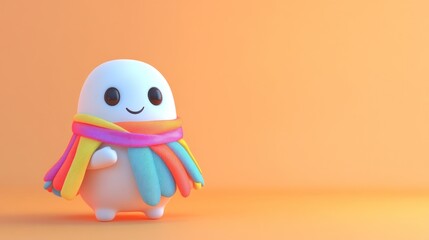 Cute cartoon character with colorful scarf on an orange background space
