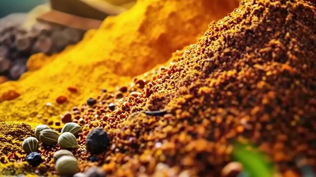 A captivating close-up of a variety of colorful spices and herbs, beautifully illuminated to highlight their vibrant colors and rich textures, perfect for culinary-themed concepts.