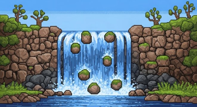 Pixel Art Waterfall with Floating Mossy Stones in a Serene Video Game Landscape