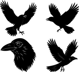 Crow silhouette vector, Black silhouette of Crow vector bundle logo illustration set, Crow head art, Crow vector illustration