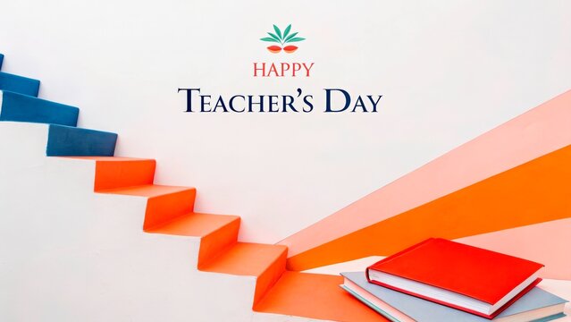 Happy Teacher's Day celebration with colorful staircase design and books in an academic environment