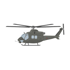 Fototapeta premium A detailed illustration of a military utility helicopter in a side profile view, showcasing its rotor blades, cockpit, and landing skids.