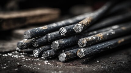 Metal welding rods arranged in a stack on a gritty workbench showcasing texture and detailed craftsmanship in industrial setting