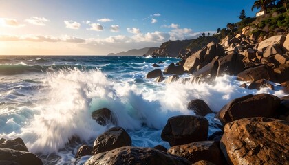 Ocean waves crashing against coastal rocks under a vibrant sky and brilliant sunlight