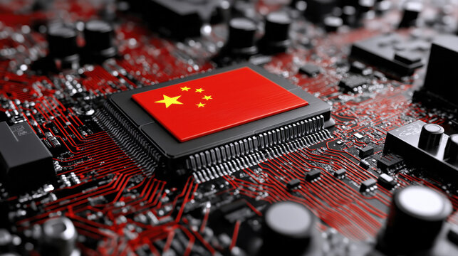 Chinese microchip on a motherboard in a modern computer. Concept of a trade and technological war between countries. Electronic component made in China
