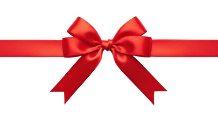 Vibrant red satin ribbon tied into a neat festive bow with elegant tails, on a pure transparent background with copy space, professional studio shot. Concept of celebration and gifting