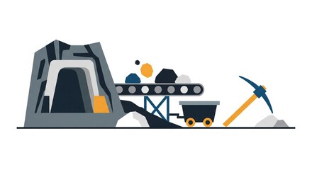 Mining Excavation Site with Conveyor Belt and Cart in Industrial Landscape