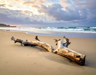Coastal tranquility: weathered driftwood on a serene beach at twilight