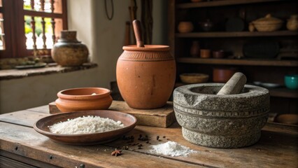 Pottery Vessels, Mortar, Pestle, and Spices on Wooden Table