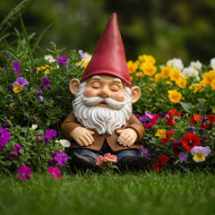 Sleeping gnome sitting among colorful flowers in a vibrant garden  