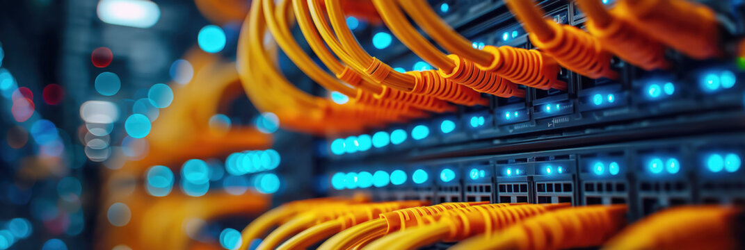 Internet cables and fiber optic wires connected to servers in the server room close-up. Telecommunication technologies and equipment. Network online data storage center - Powered by Adobe