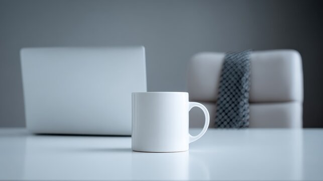 Minimalist workspace with a laptop and a coffee mug set against a serene background ideal for productivity and focus. National Necktie Day