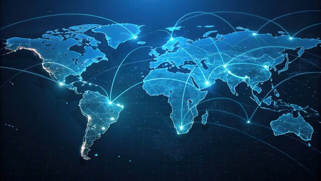 World Map with Blue Continents and Connecting Lines