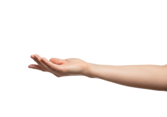 Fair-skinned caucasian adult hand and forearm gently reaching out, fingers softly curled, on a pristine transparent background with ample copy space for minimalist presentation and interaction concept