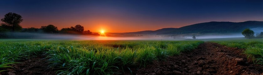 Obraz premium Agricultural growth showing benefits of healthy soil concept. Mesmerizing sunrise over misty field with lush green grass.