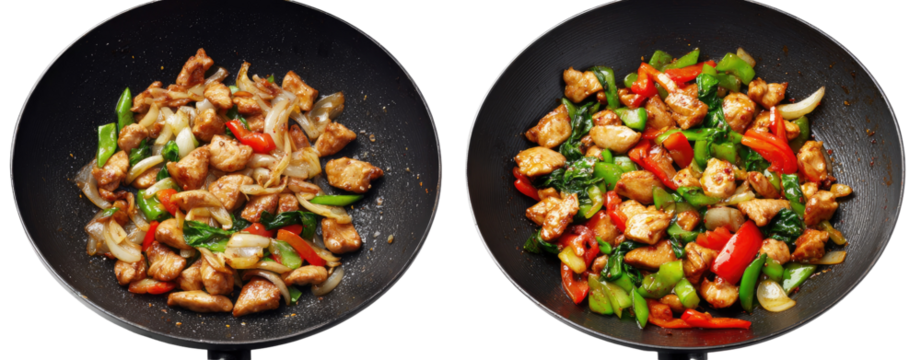 Two wok pans of cooked chicken stir-fry with vegetables