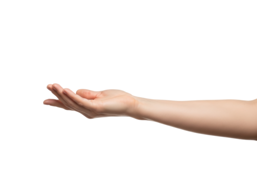 Fair-skinned caucasian adult hand and forearm gently reaching out, fingers softly curled, on a pristine transparent background with ample copy space for minimalist presentation and interaction concept