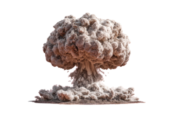 A dramatic atomic explosion, thick gray-tan smoke clouds billowing outwards from a central point, with a slightly reddish hue