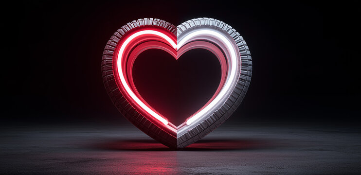 3d render of a heart made from car tires on a dark background with neon light,