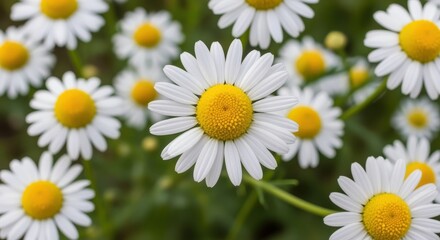 Fototapeta premium Daisy Bloom Close Up: Captivating the beauty of nature, a close-up shot of a daisy flower reveals its delicate white petals and vibrant yellow center in a lush field of daisy.