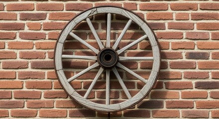 Rustic Charm: Antique Wagon Wheel Adorned on Brick Wall: An evocative image showcasing a weathered wagon wheel, steeped in history, mounted against a robust brick wall.