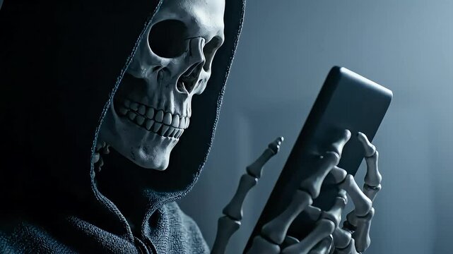 Grim Reaper in Dark Hood Using Smartphone for Digital Interaction Concept