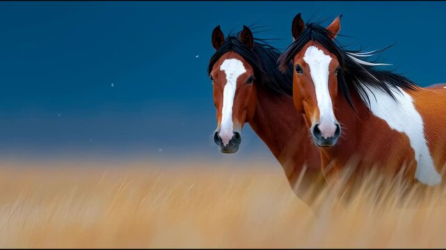 Wild horses in grassland biodiversity comeback nature open field close-up view