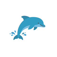 Obraz premium A vibrant blue dolphin is leaping joyfully out of the water, with splashes of water erupting around it.